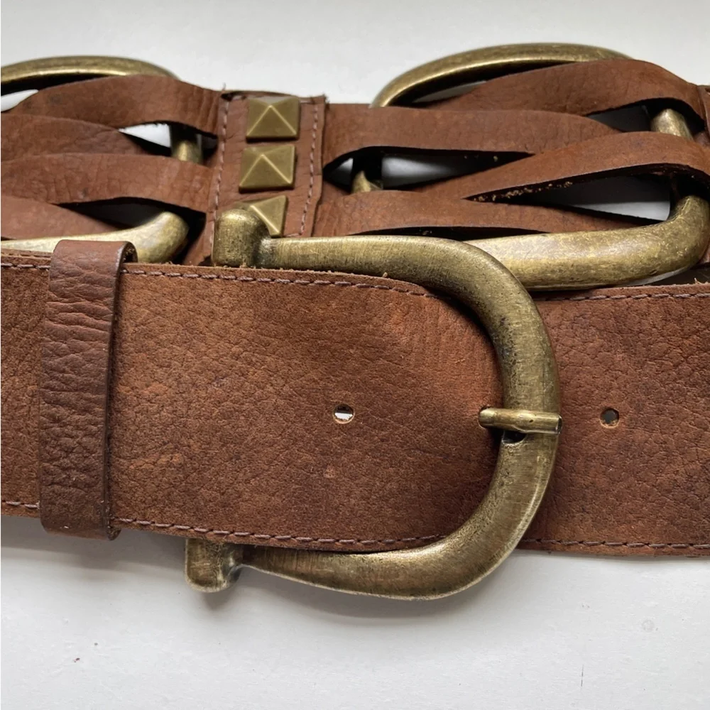 Leatherock Brown Leather Belt Brass Metal Accents Studs 36